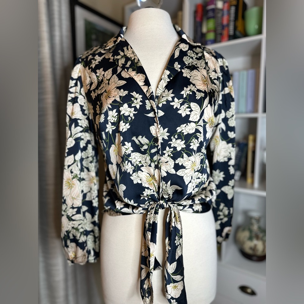 Floral Tie-Front Blouse - Black and Cream